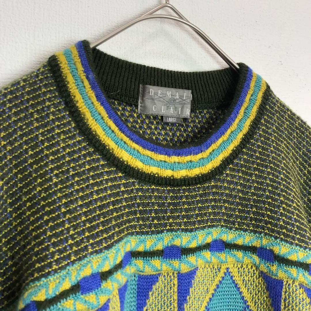 1124 Knit, all-over pattern, sweater, geometric pattern, green, yellow, L, wool, retro, old clothes