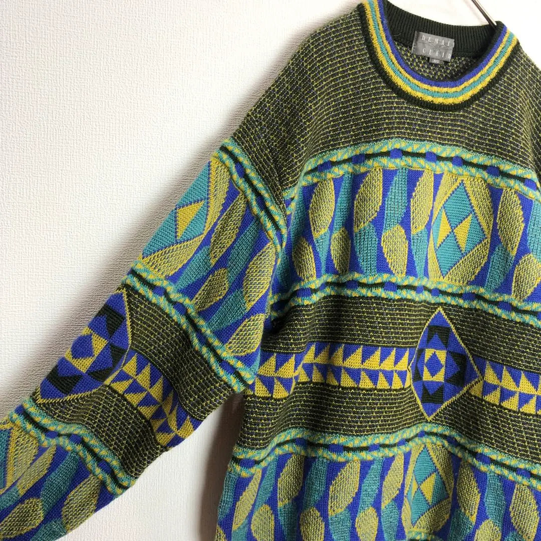 1124 Knit, all-over pattern, sweater, geometric pattern, green, yellow, L, wool, retro, old clothes