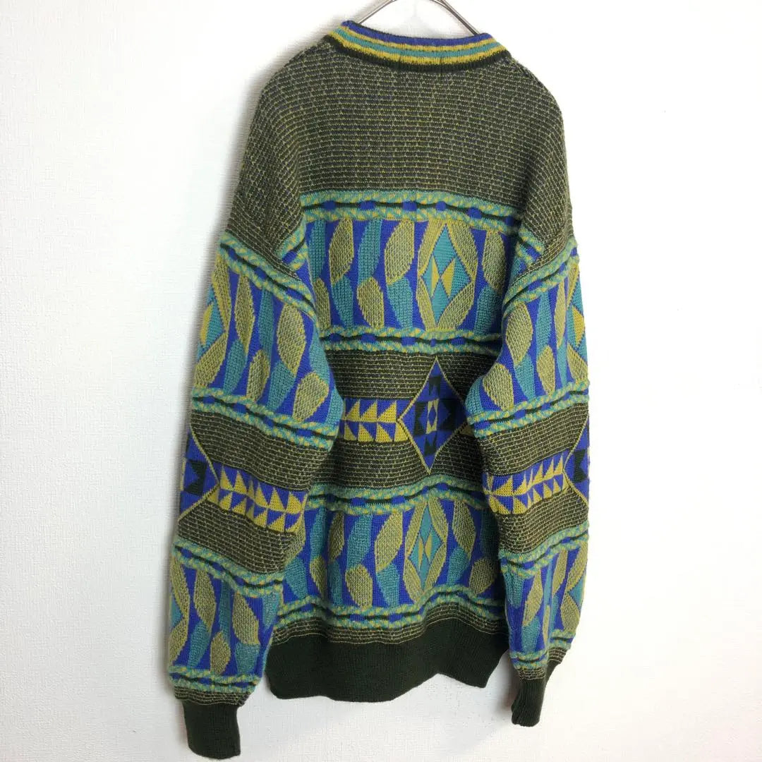 1124 Knit, all-over pattern, sweater, geometric pattern, green, yellow, L, wool, retro, old clothes