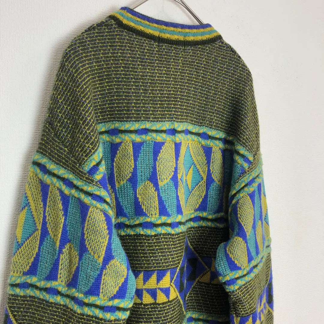 1124 Knit, all-over pattern, sweater, geometric pattern, green, yellow, L, wool, retro, old clothes