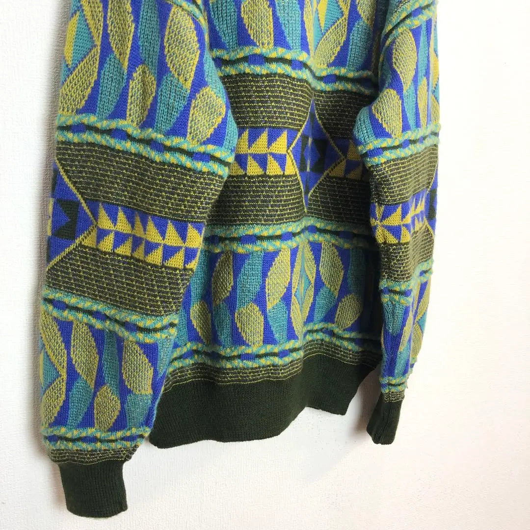 1124 Knit, all-over pattern, sweater, geometric pattern, green, yellow, L, wool, retro, old clothes