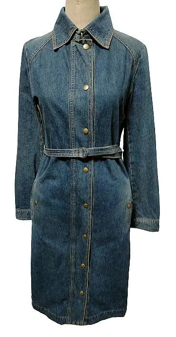 Denim coat with belt knee length