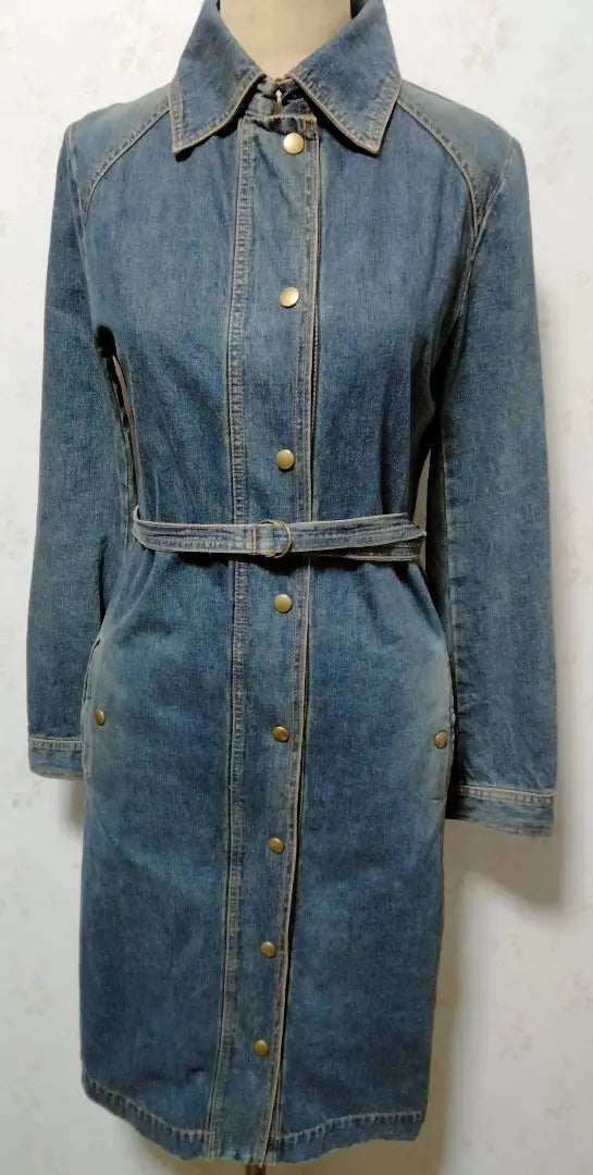 Denim coat with belt knee length