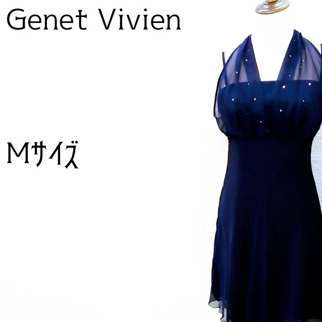 [Genevian] M Party Dress Camisole Dress Sheer Ribbon Navy