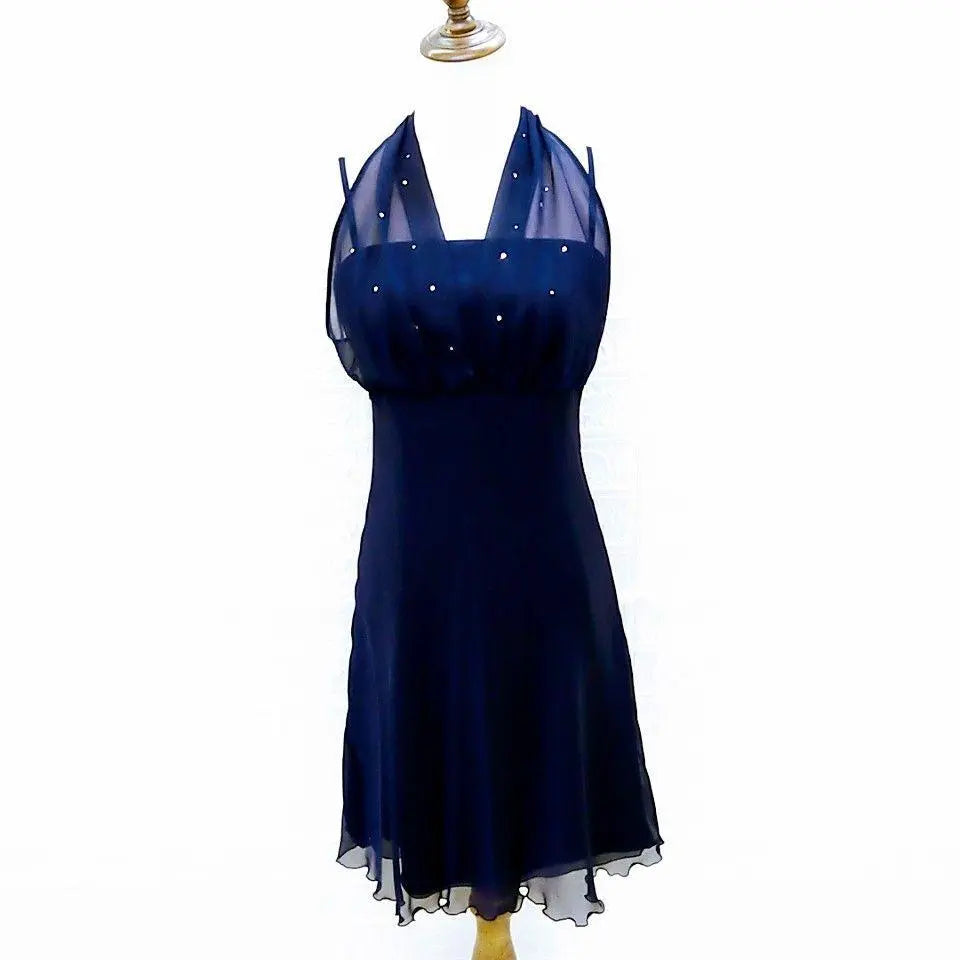 [Genevian] M Party Dress Camisole Dress Sheer Ribbon Navy