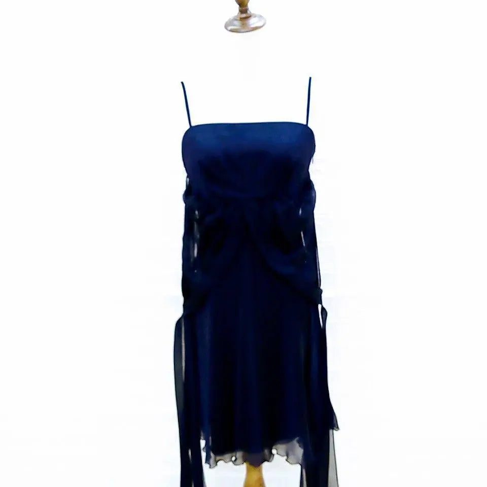 [Genevian] M Party Dress Camisole Dress Sheer Ribbon Navy