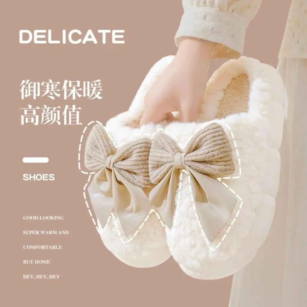 Room shoes, fluffy slippers, beige, 22-23cm, ribbon