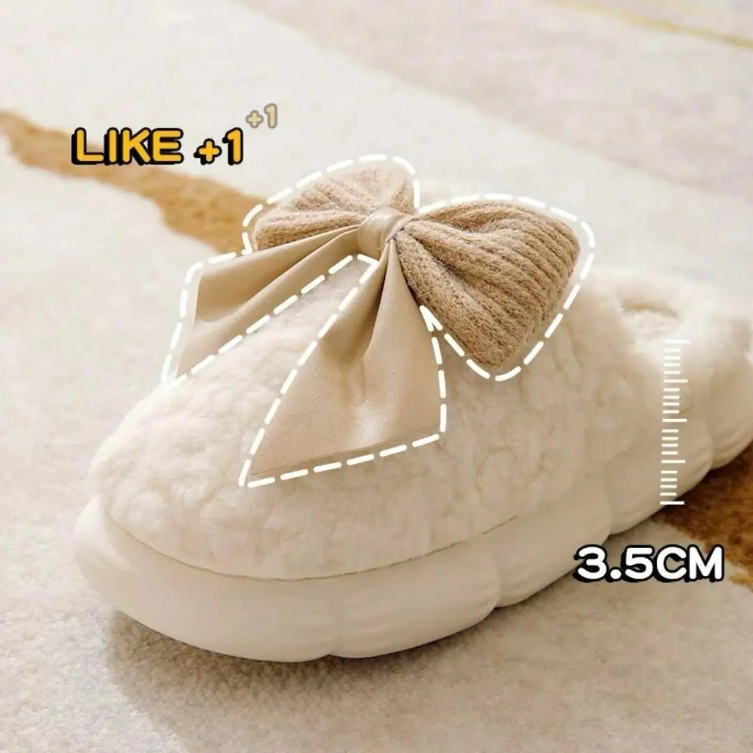 Room shoes, fluffy slippers, beige, 22-23cm, ribbon