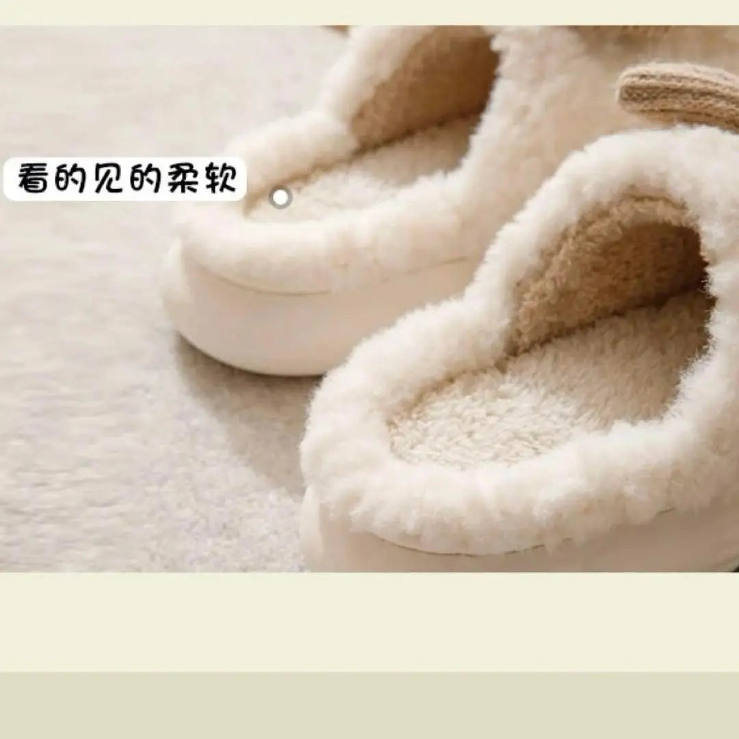 Room shoes, fluffy slippers, beige, 22-23cm, ribbon