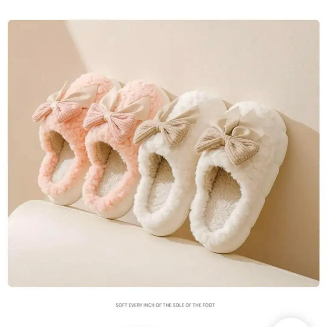 Room shoes, fluffy slippers, beige, 22-23cm, ribbon