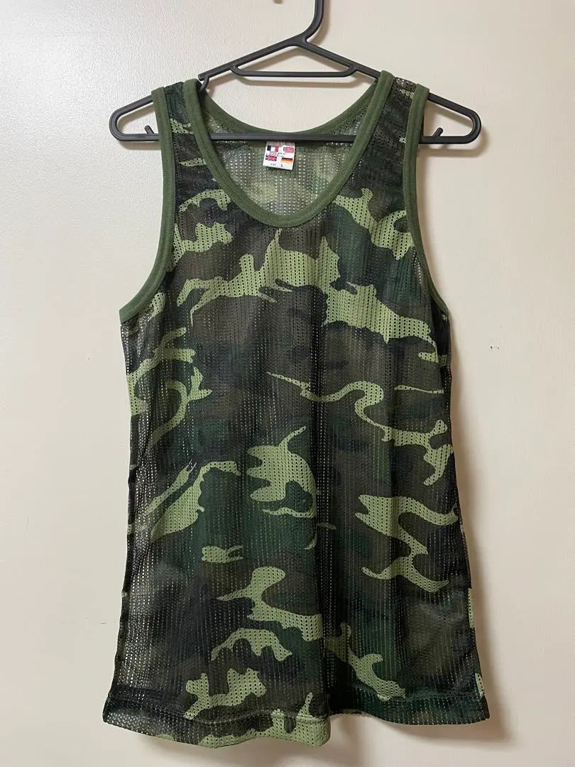 Camouflage green tank top, short sleeve, mesh ★2-piece set★