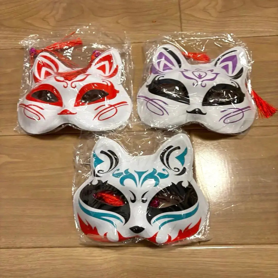 Mask, fox mask, half-sided, cat mask, bell, set of 3, fox, Japanese style, costume, blue, red