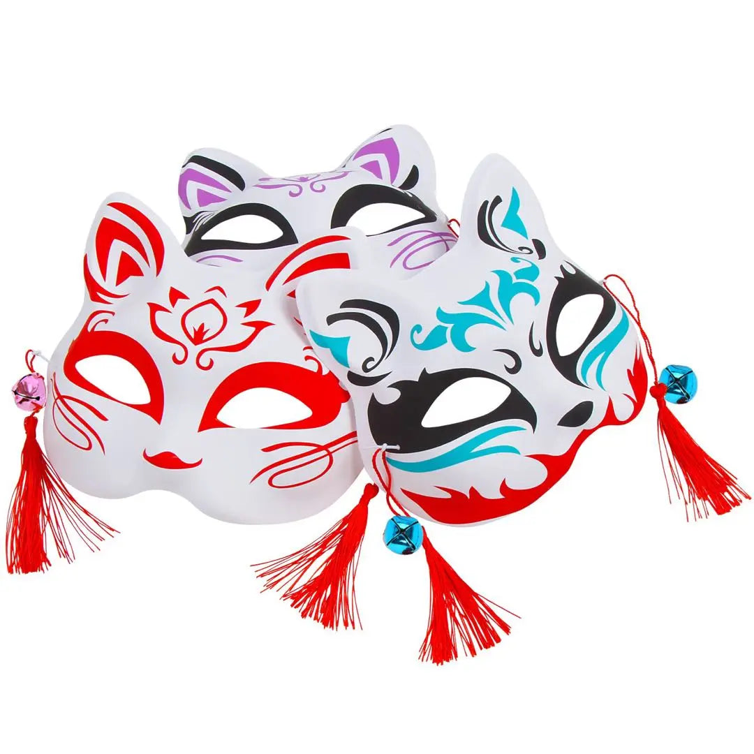 Mask, fox mask, half-sided, cat mask, bell, set of 3, fox, Japanese style, costume, blue, red