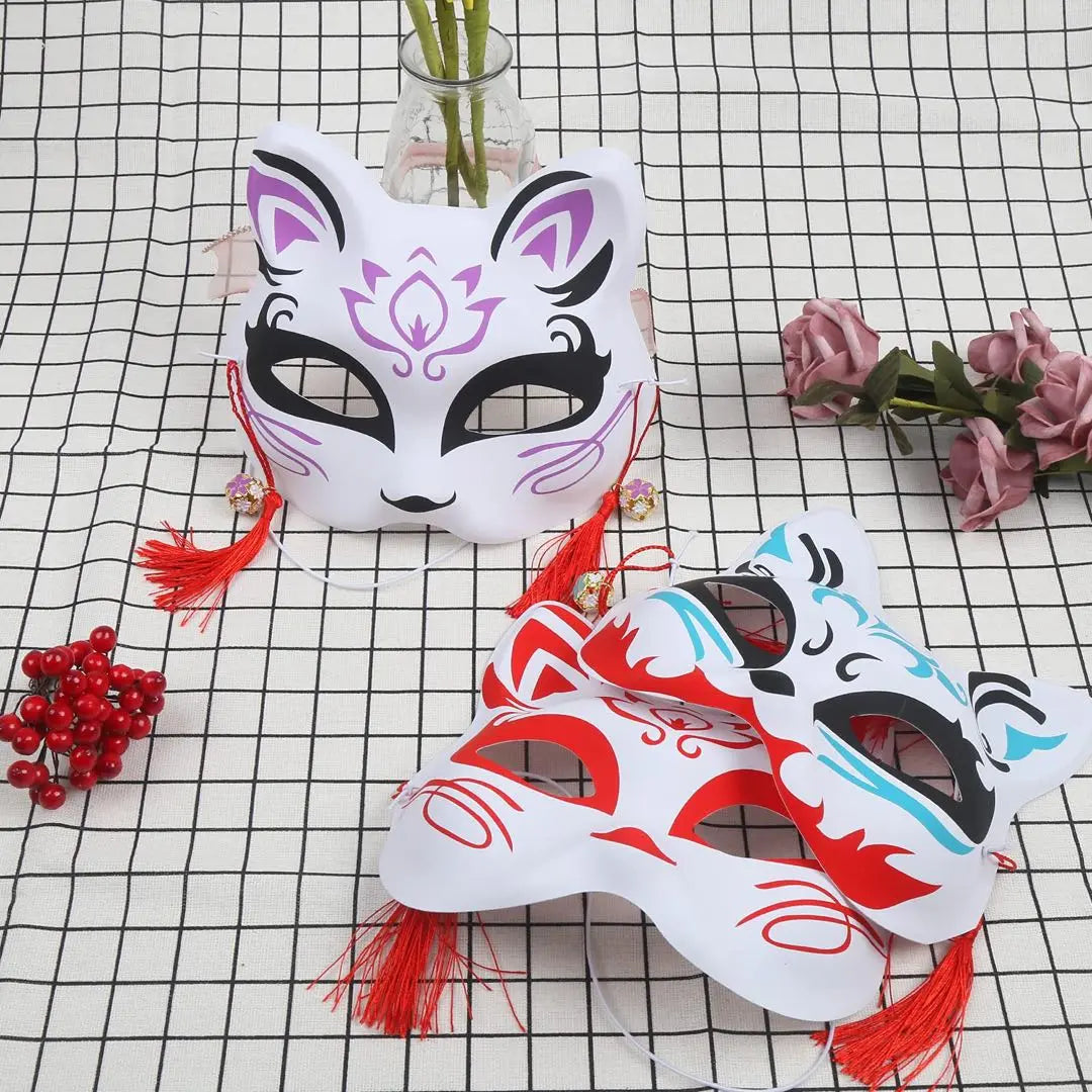 Mask, fox mask, half-sided, cat mask, bell, set of 3, fox, Japanese style, costume, blue, red