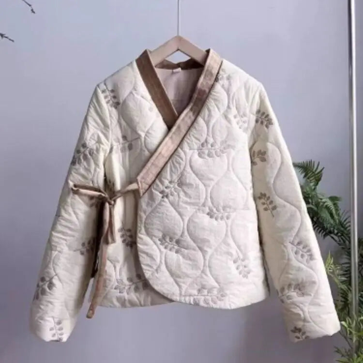 Embroidered padded jacket V-neck retro and loose warm outerwear