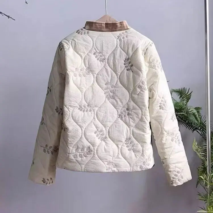 Embroidered padded jacket V-neck retro and loose warm outerwear