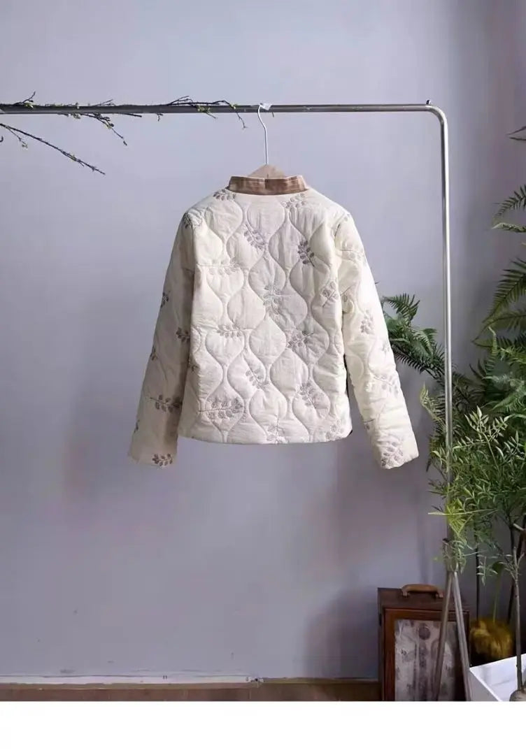 Embroidered padded jacket V-neck retro and loose warm outerwear