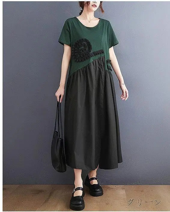 Large size for women, spring and summer, long dress, short sleeves