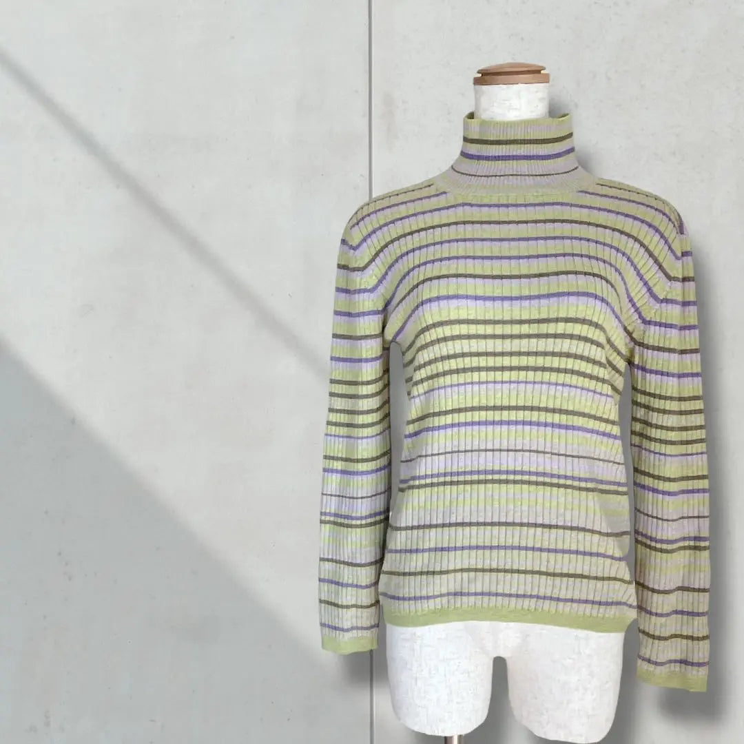 [Women's] High neck sweater, long sleeves, knit Italian yarn, wool, colorful border