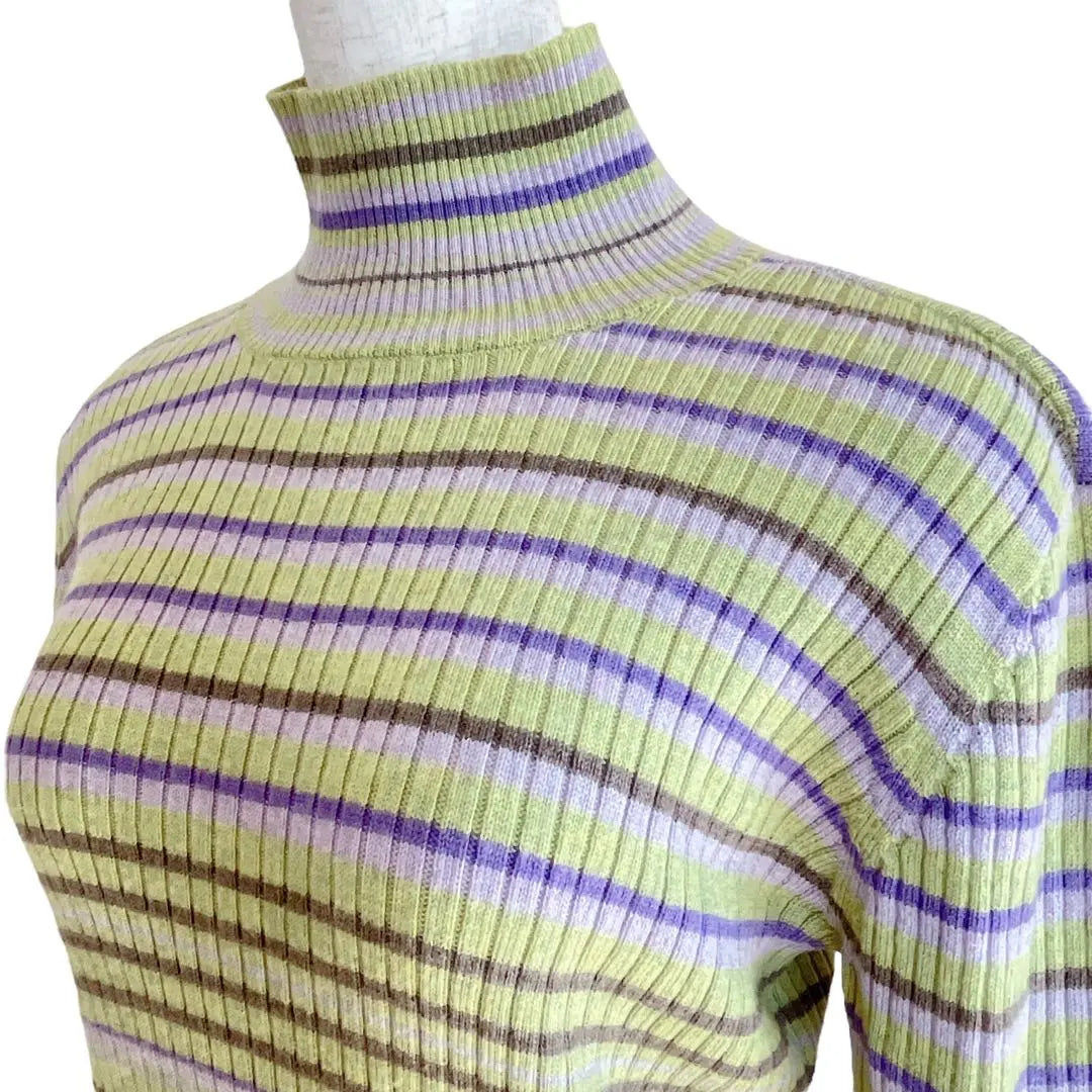 [Women's] High neck sweater, long sleeves, knit Italian yarn, wool, colorful border