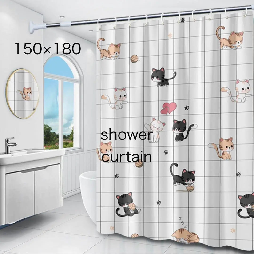 Shower curtain, cat pattern, cat pop, cute, white, white, cat lover