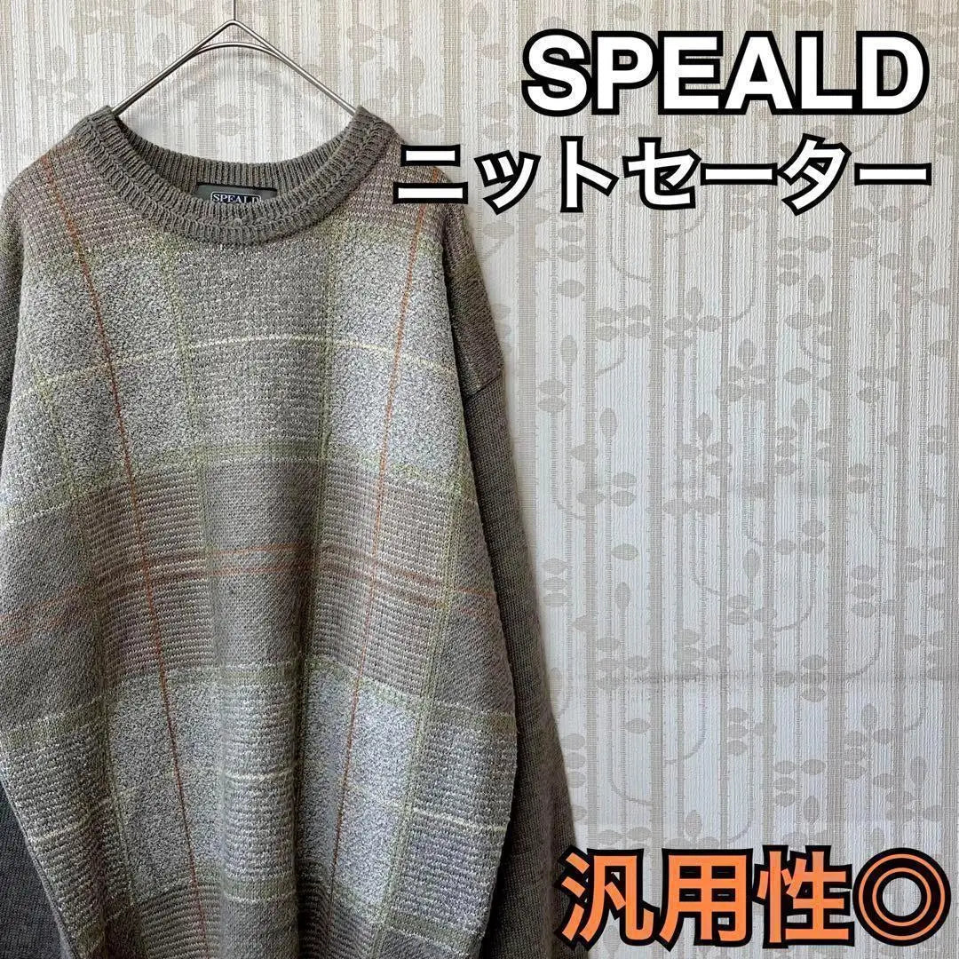 SPEALD Plaid Knit Sweater Brown Men's Old Clothes L UK Long Sleeve