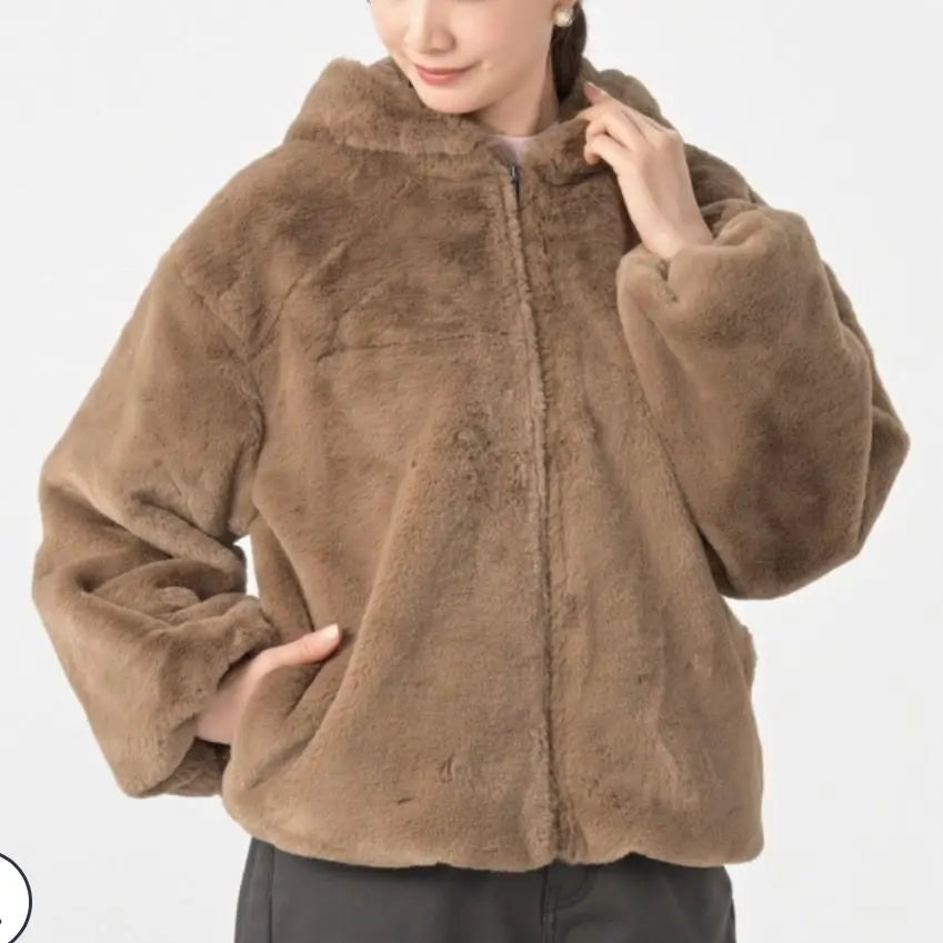 Ancoqueine New Mink Touch Fake Fur Hooded Blouson Fur Hoodie