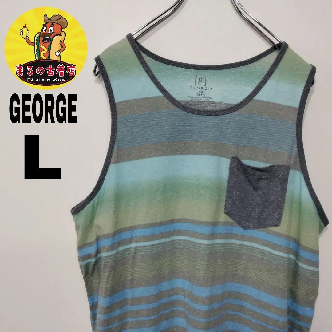 USA Vintage GEORGE Tank Top L Green Blue Border