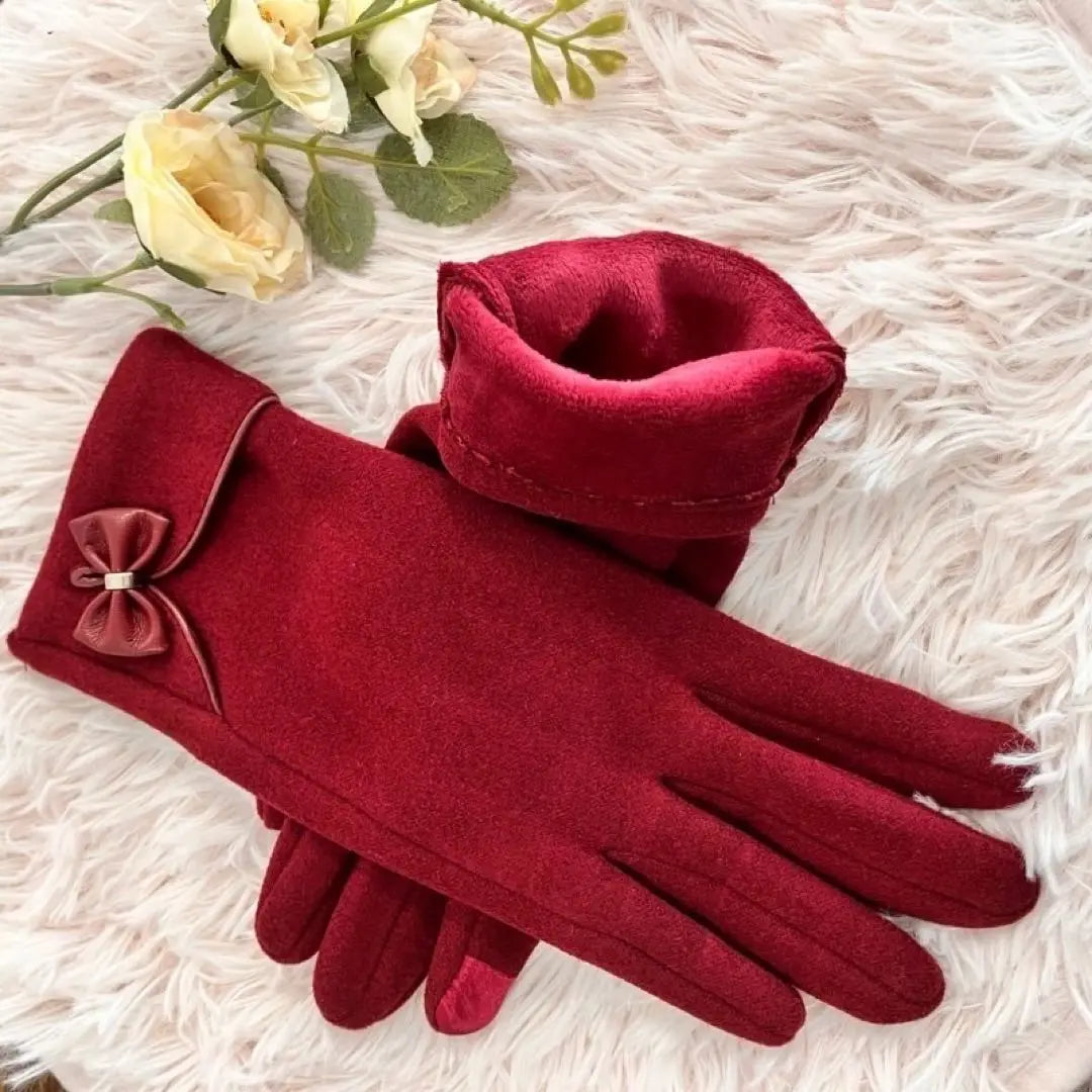 Gloves for women, smartphone compatible, cold protection, fleece lining, red, wine, ribbon, gloves, popular