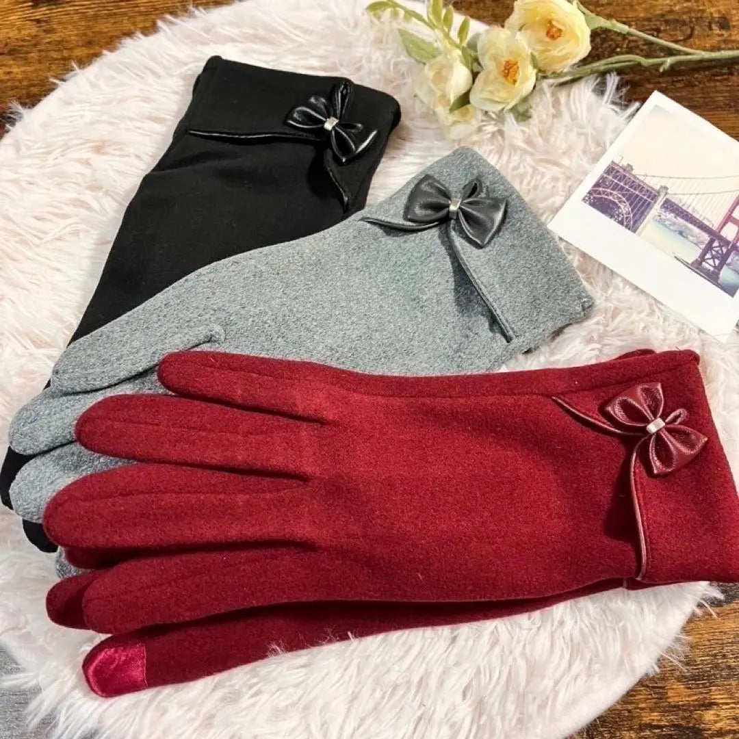 Gloves for women, smartphone compatible, cold protection, fleece lining, red, wine, ribbon, gloves, popular