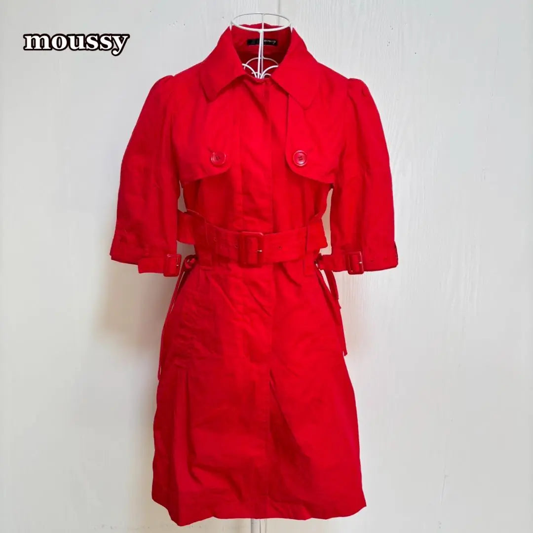 moussy trench coat style dress (1) red, flashy color, cotton, five-part sleeve