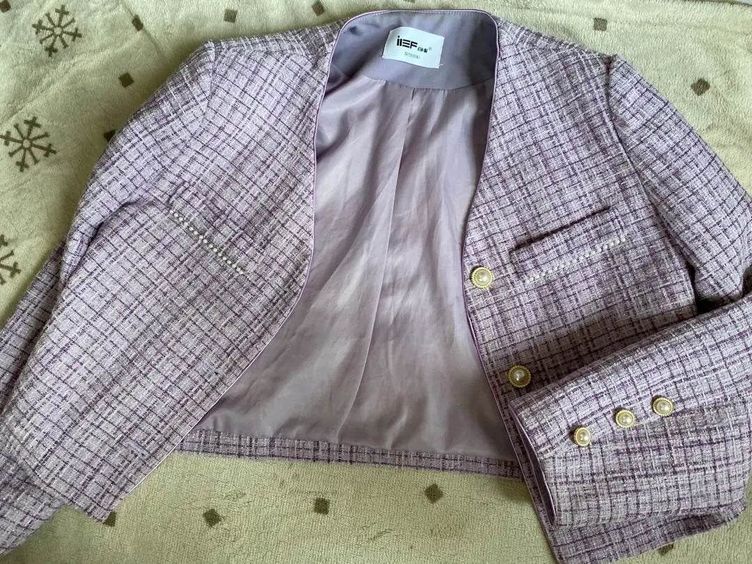 Purple tweed collarless jacket