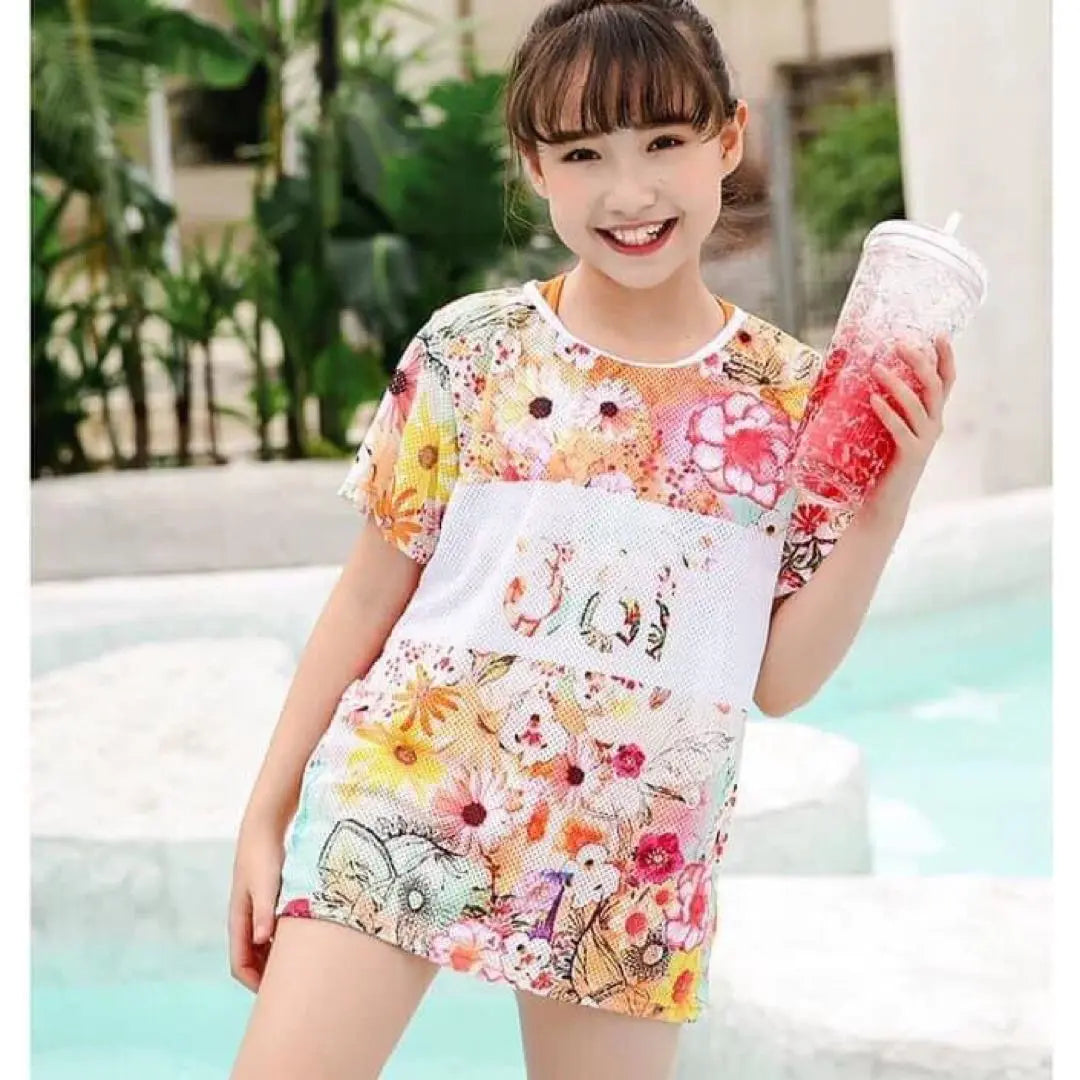 [New] Kids Floral Rash Guard with T-shirt 3-piece set 130 Sun protection