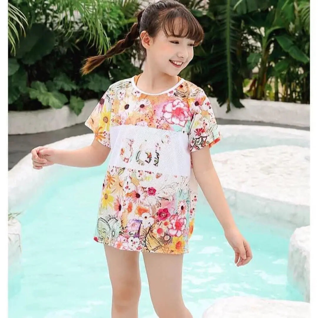 [New] Kids Floral Rash Guard with T-shirt 3-piece set 130 Sun protection