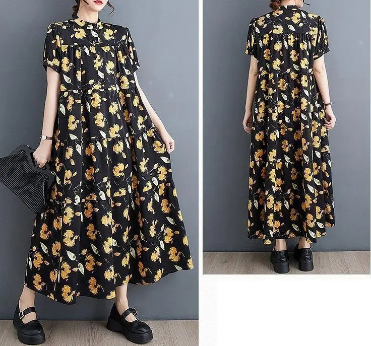 Large size women's dress, floral pattern, long, spring, summer, autumn, new, short sleeves