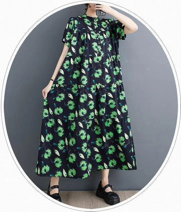 Large size women's dress, floral pattern, long, spring, summer, autumn, new, short sleeves