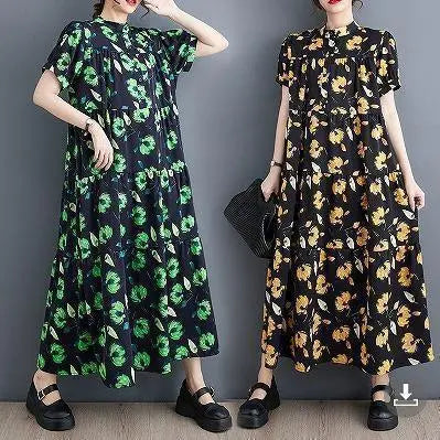 Large size women's dress, floral pattern, long, spring, summer, autumn, new, short sleeves