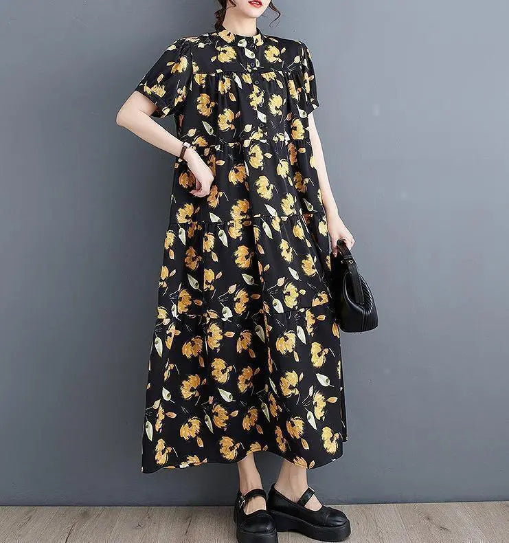 Large size women's dress, floral pattern, long, spring, summer, autumn, new, short sleeves