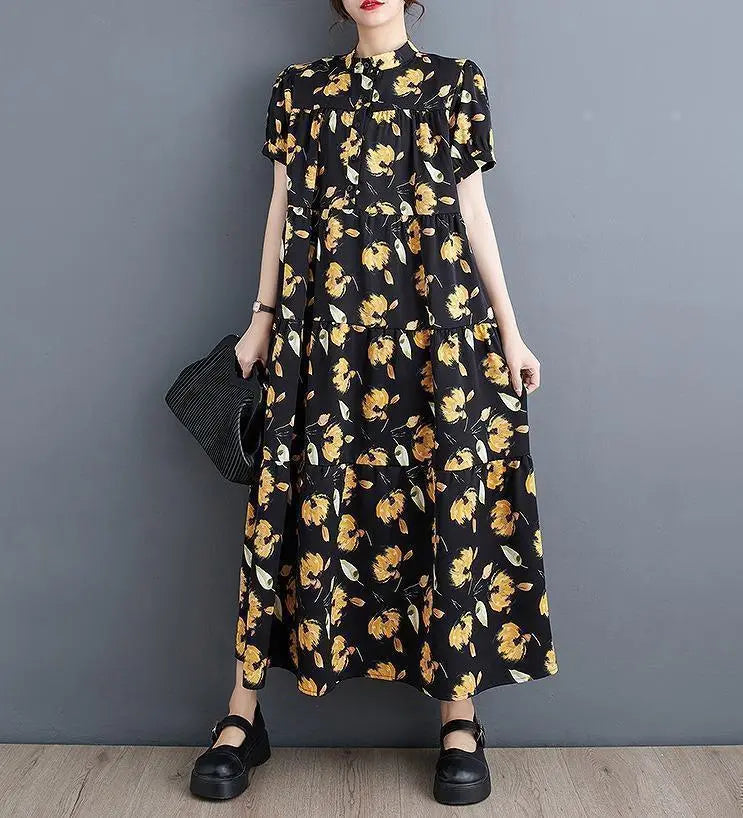 Large size women's dress, floral pattern, long, spring, summer, autumn, new, short sleeves