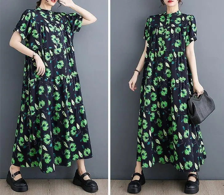 Large size women's dress, floral pattern, long, spring, summer, autumn, new, short sleeves