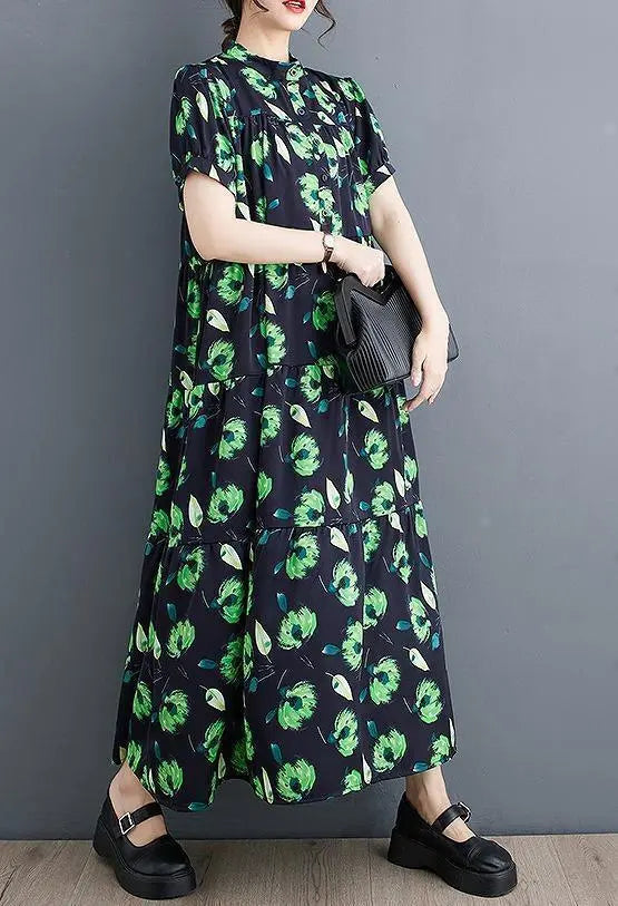 Large size women's dress, floral pattern, long, spring, summer, autumn, new, short sleeves