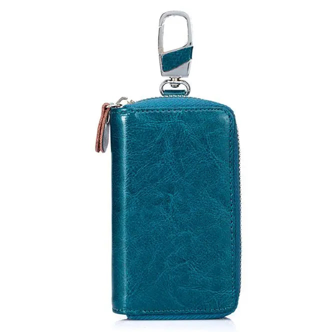 Genuine leather! Leather key case (blue) round zipper large capacity cool key storage