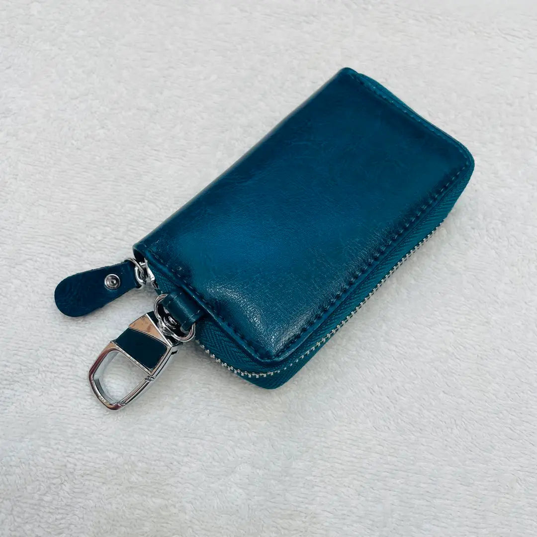 ¡Cuero auténtico! Estuche de cuero para llaves (azul) con cremallera redonda, gran capacidad, almacenamiento genial para llaves