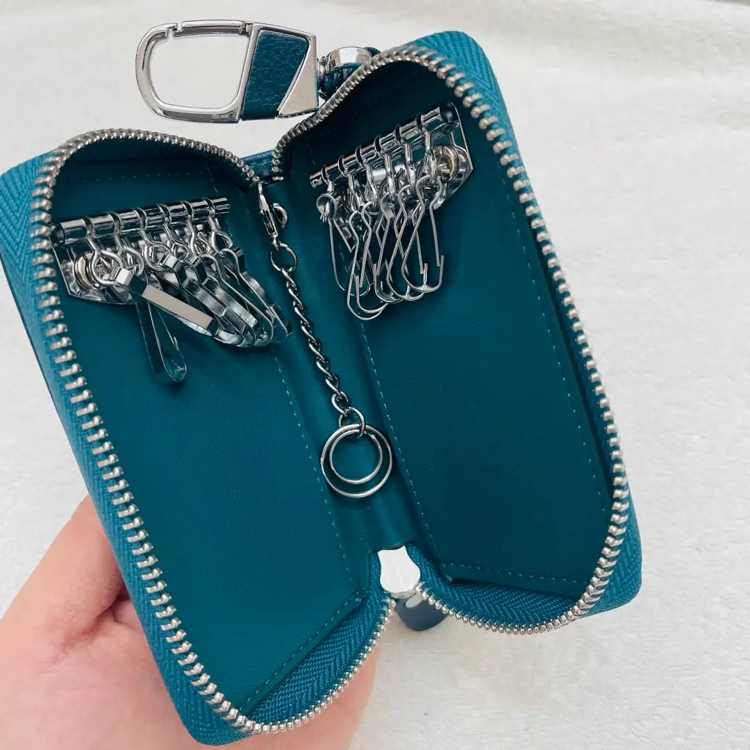 ¡Cuero auténtico! Estuche de cuero para llaves (azul) con cremallera redonda, gran capacidad, almacenamiento genial para llaves