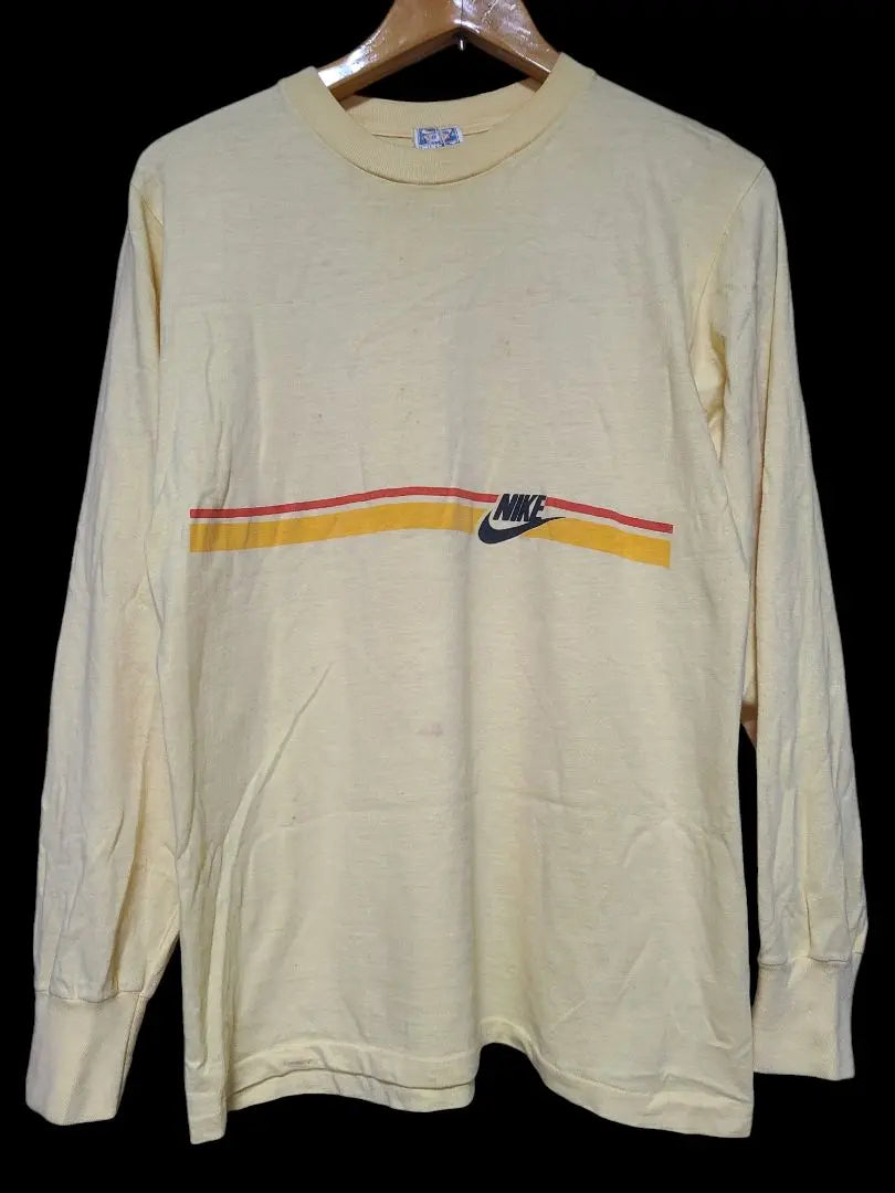 Etiqueta de molino de viento. Camiseta larga NIKE de los años 70 en amarillo limón talla L Gotsu Nike