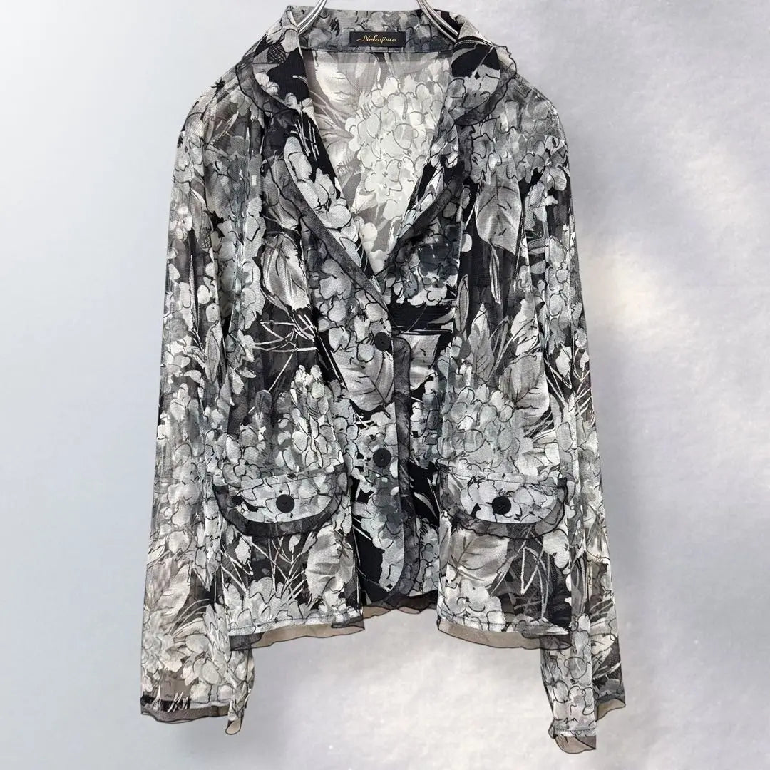 M865 &gt;&gt; Chaqueta entallada con volantes y estampado floral transparente, personalidad de moda