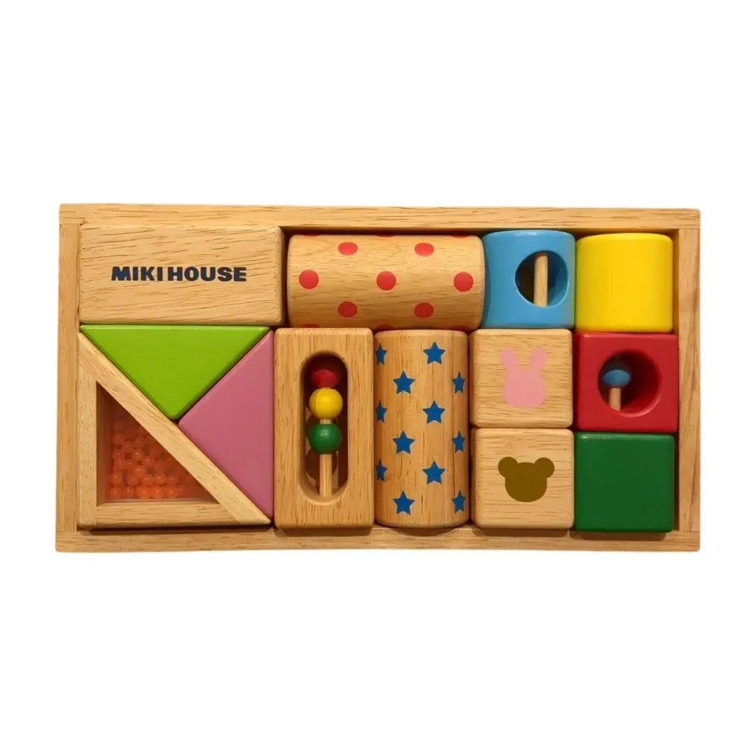 Miki House Sonajero Bloque Construcción de Madera (Juguete educativo) | ミキハウス ラトルブロック 木製積み木（知育玩具）