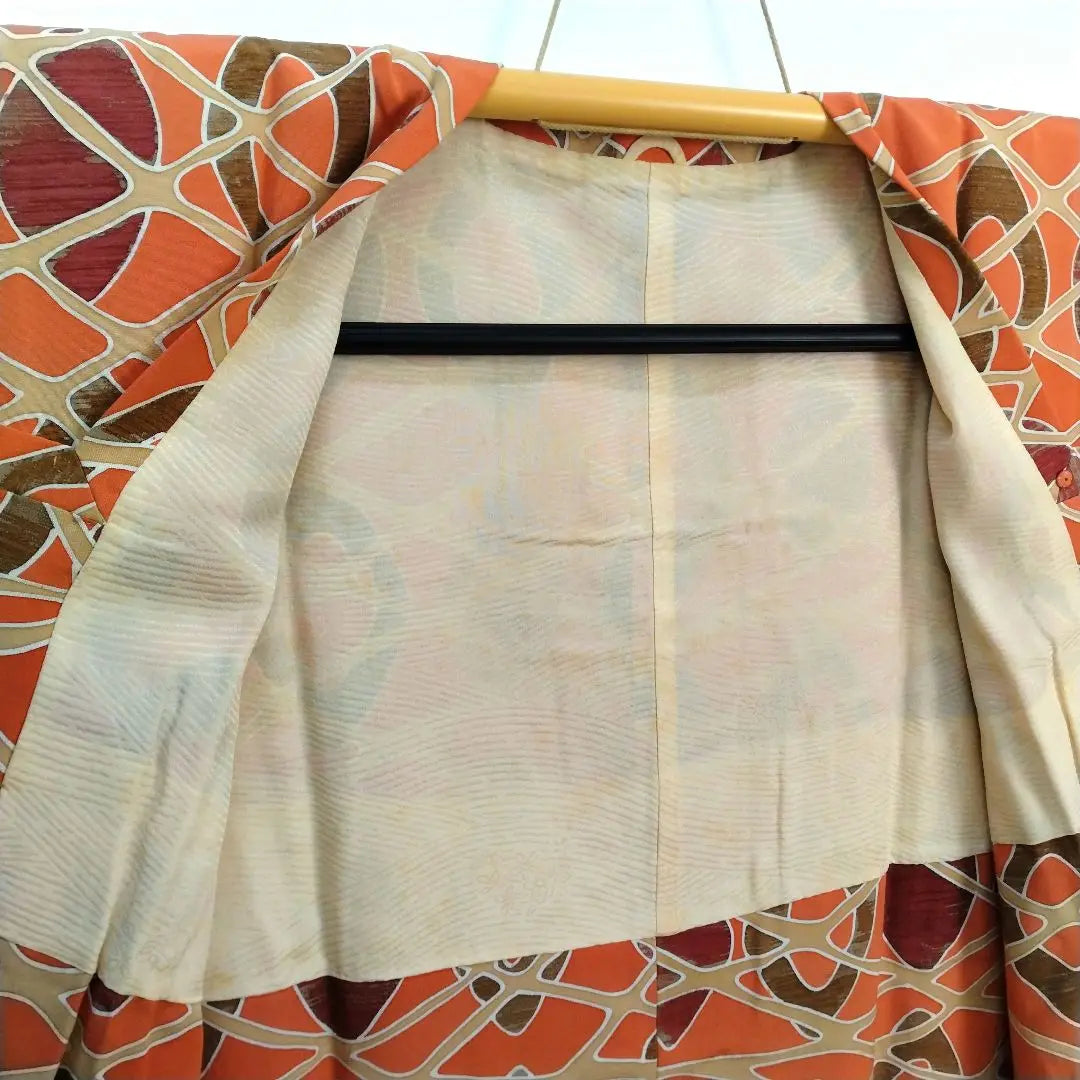 [Beautiful goods] Road coat pure silk height 82 Sleeve 64.5th | 【美品】道行コート 正絹 身丈82 裄64.5 網目模様 オレンジ