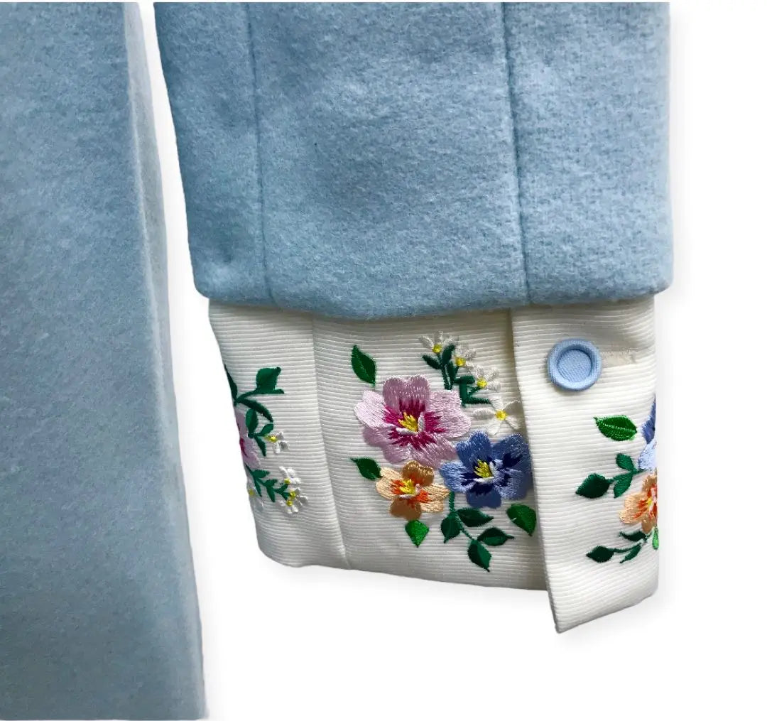 New Traditional Crafts Horizontal Embroidery 3-way High-quality Stainless Melton Wool Coat Light Blue One-of-a-kind Rare Flower