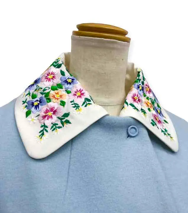 New Traditional Crafts Horizontal Embroidery 3-way High-quality Stainless Melton Wool Coat Light Blue One-of-a-kind Rare Flower